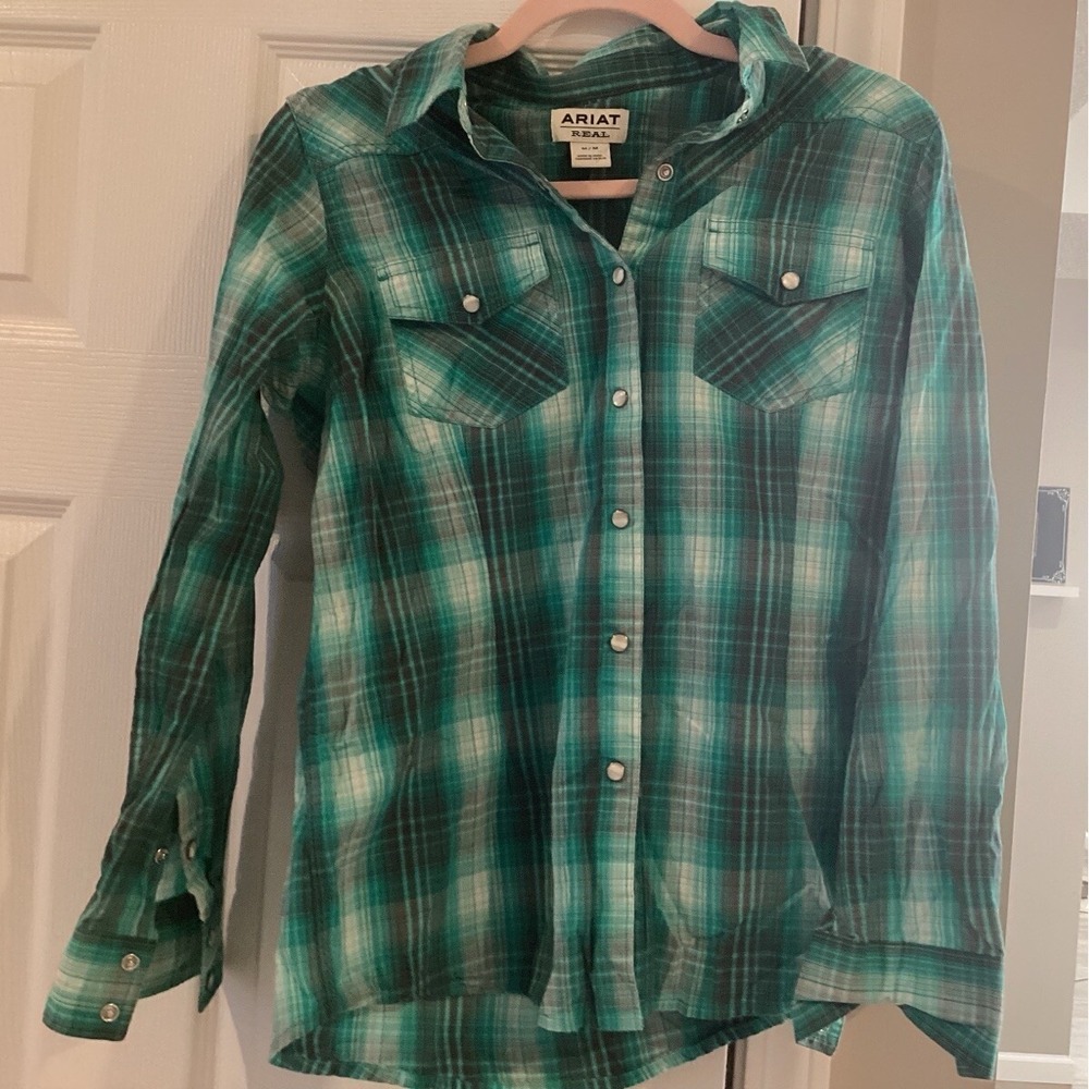 Ariat Womens Fitted Western Pearl Snap Metallic Plaid Top Size Medium Green